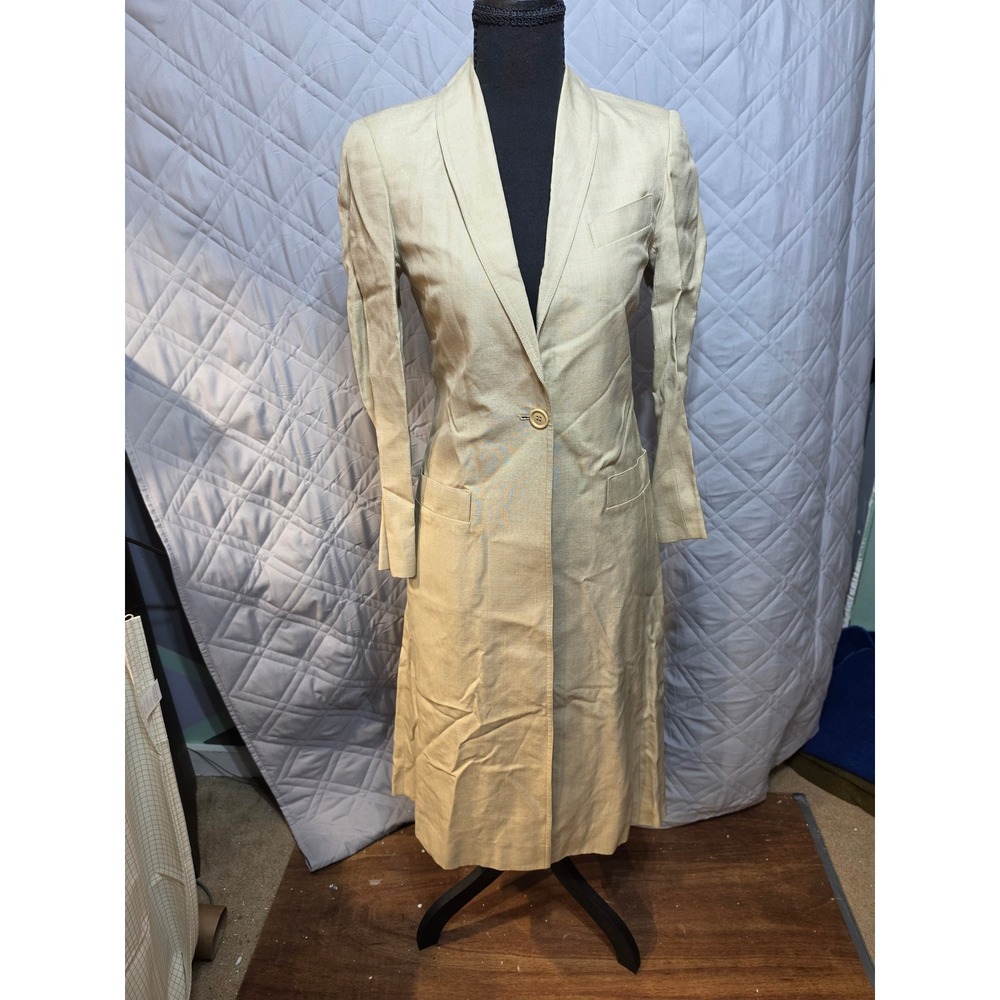 Albert Nipon Womens 2 Piece Skirt Suit Set Beige Linen Duster Blazer Midi Skirt